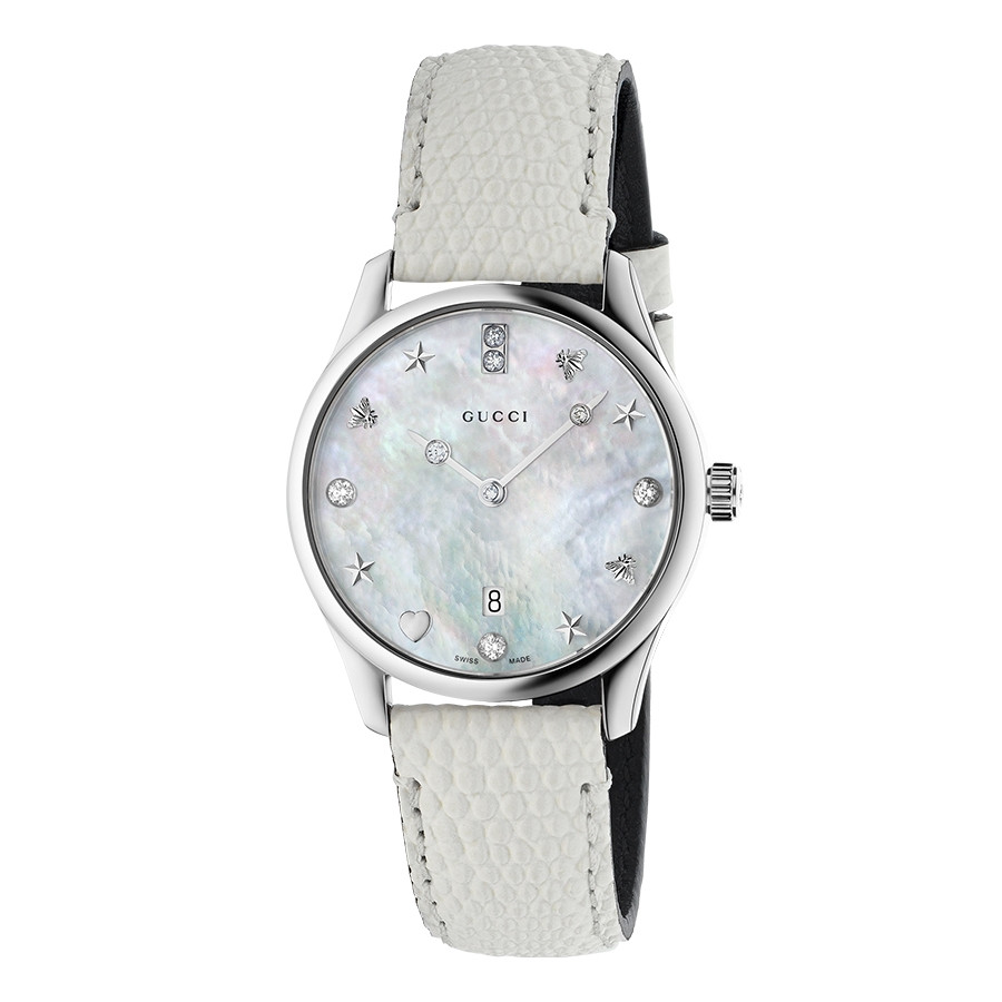 Gucci Stainless Steel G-Timeless Slim Diamond & Mother of Pearl Dial Leather Watch