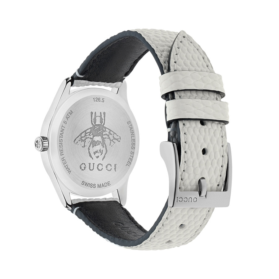 Gucci Stainless Steel G-Timeless Slim Diamond & Mother of Pearl Dial Leather Watch Angle View