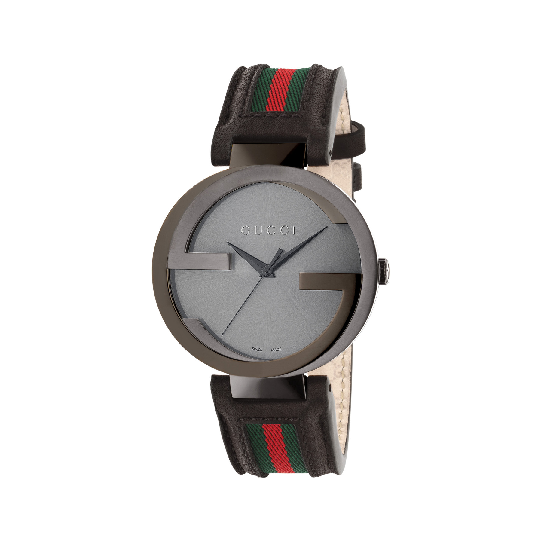 Gucci Interlocking G Black Dial Leather Strap Watch 42mm Face View