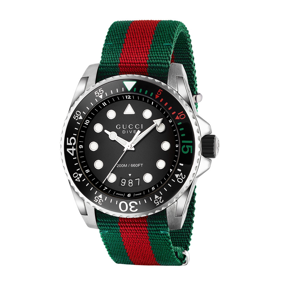 automaat variabel Besluit Gucci Dive Stainless Steel Green & Red Striped Nylon Watch