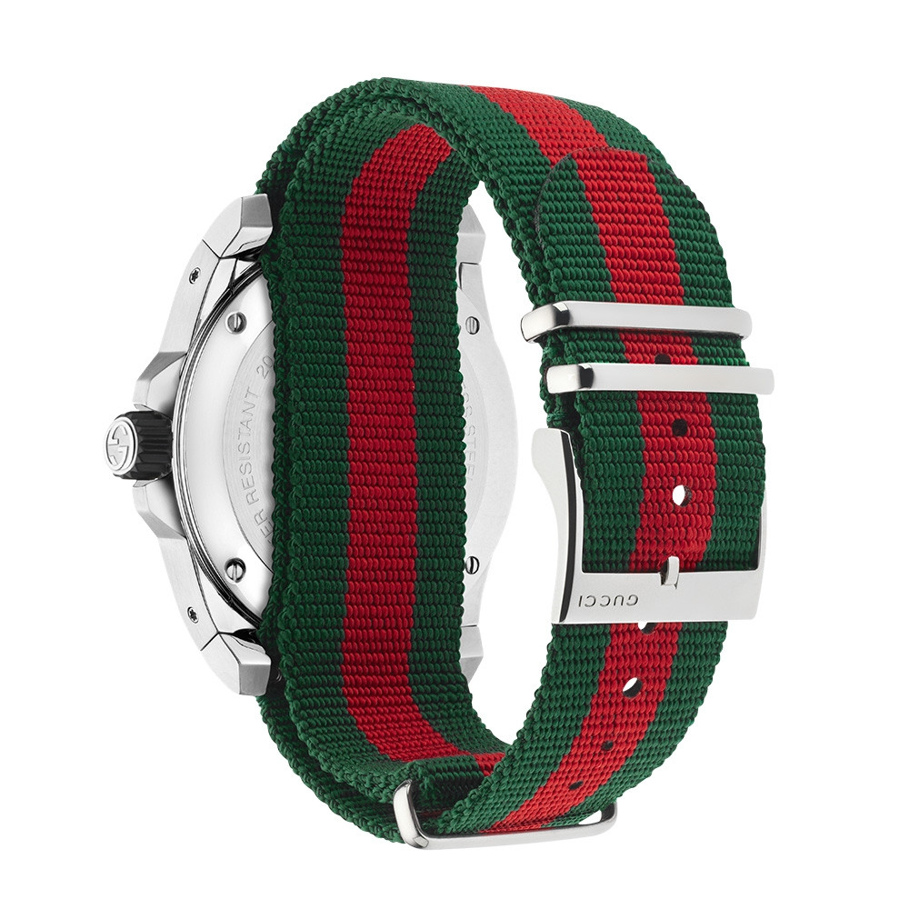 Gucci 45mm Stainless Steel Green & Red Striped Nylon Dive Watch