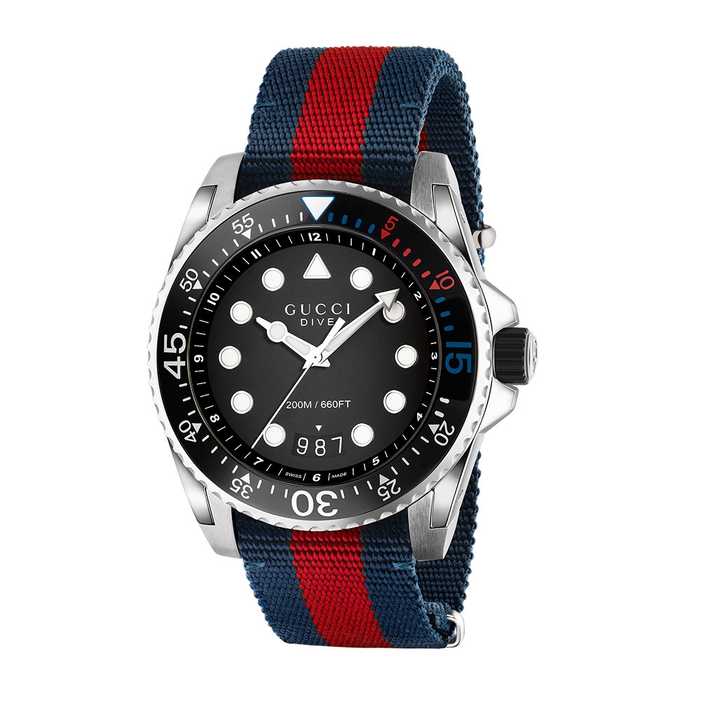 Gucci 45mm Stainless Steel Blue & Red Striped Nylon Dive Watch