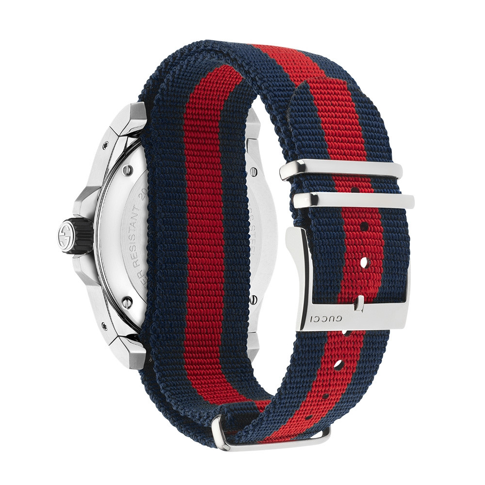 Gucci 45mm Stainless Steel Blue & Red Striped Nylon Dive Watch Angle View
