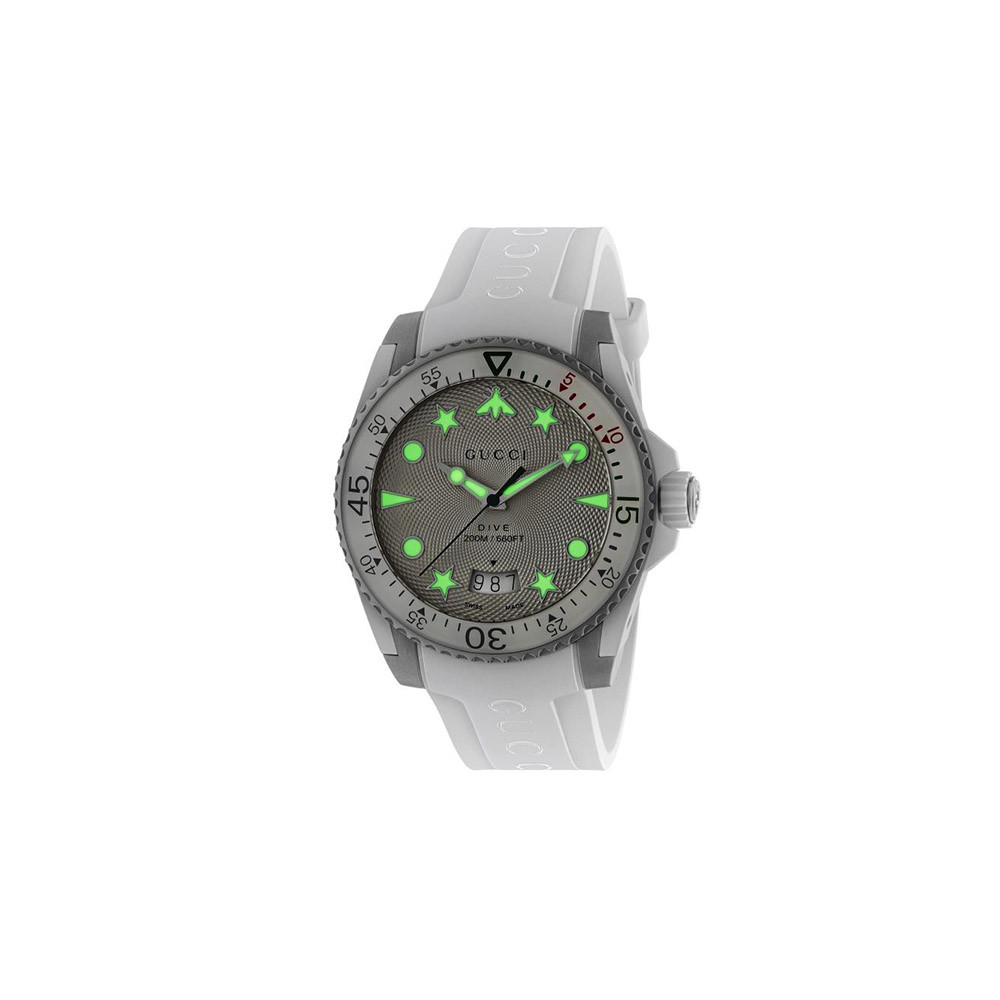 Gucci Silver and White 40mm Dive Watch on White Silicone Strap