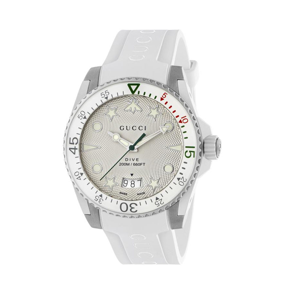 Gucci Silver and White 40mm Dive Watch on White Silicone Strap