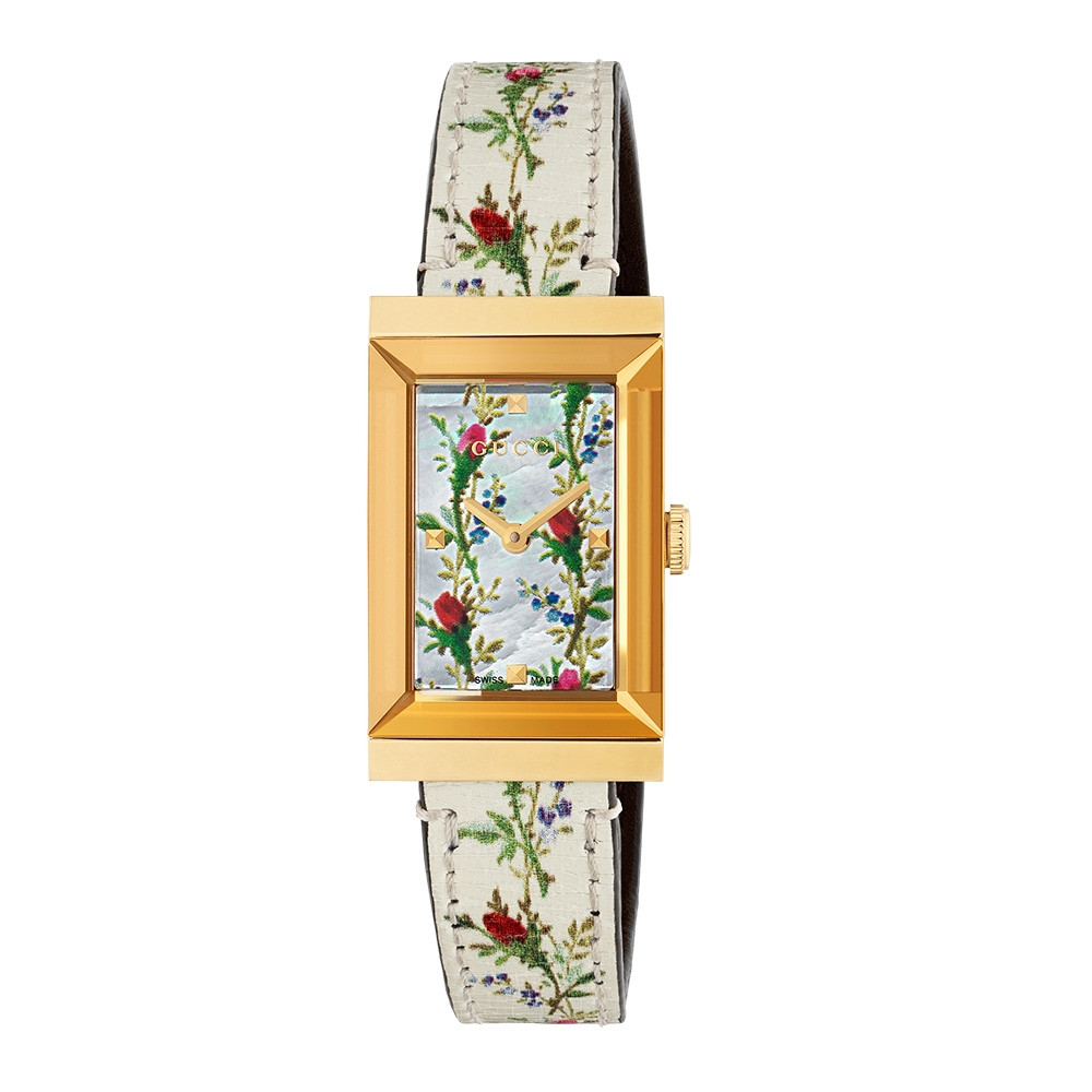 Gucci Yellow Gold Mother of Pearl Flower G-Frame Watch