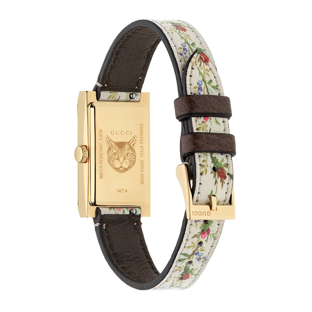 Gucci Yellow Gold Mother of Pearl Flower G-Frame Watch Angle View