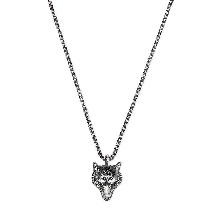 Aged Silver Wolf Head Pendant Necklace 
