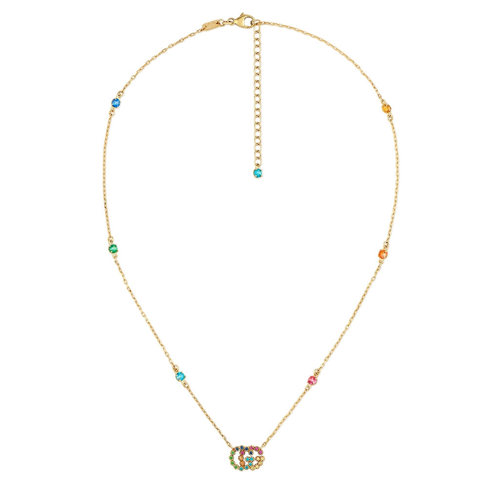 Gucci GG Running Yellow Gold Mixed Gemstone Station Necklace Full View
