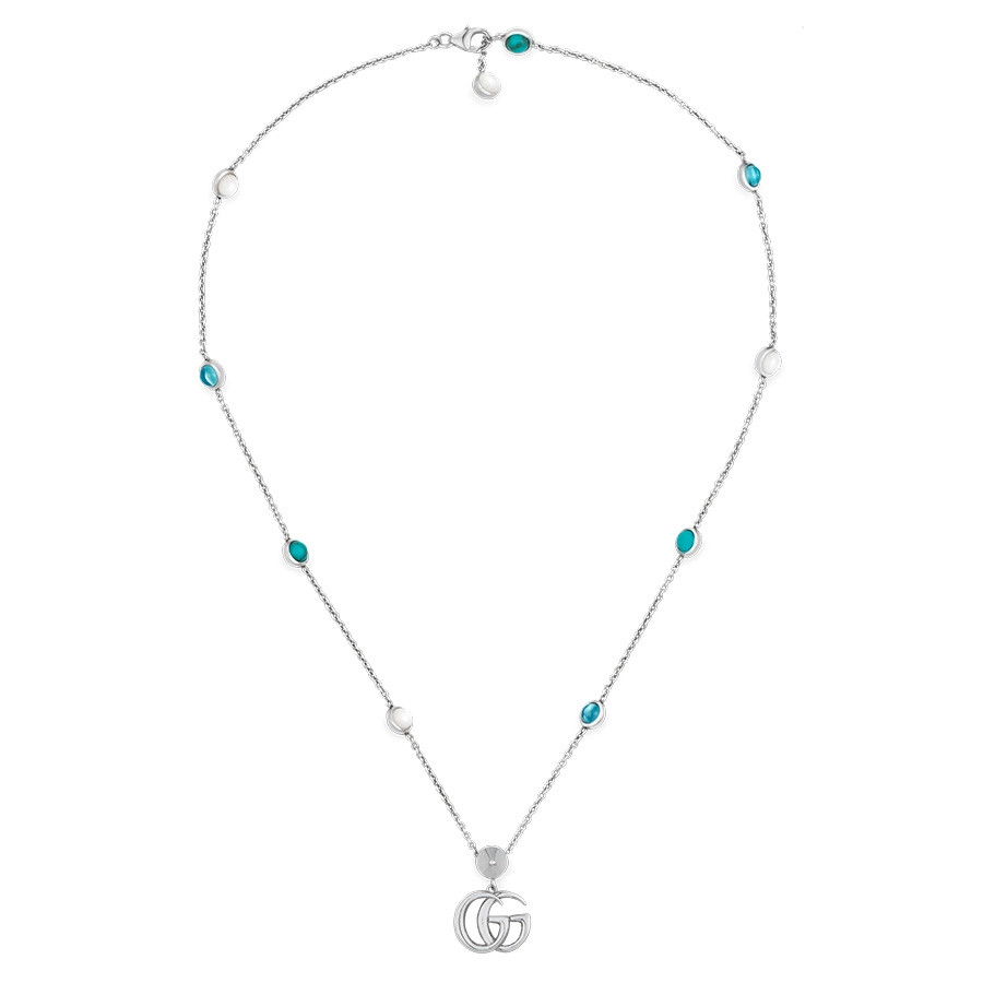 Gucci GG Marmont Mother of Pearl & Topaz Pendant Double G Necklace Full View