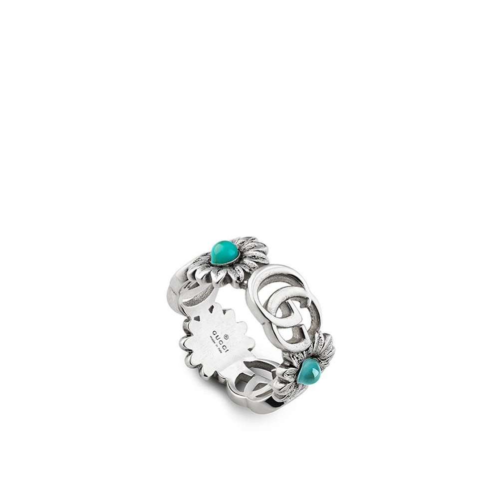 Gucci GG Marmont Sterling Silver Double G Turquoise Flower Ring