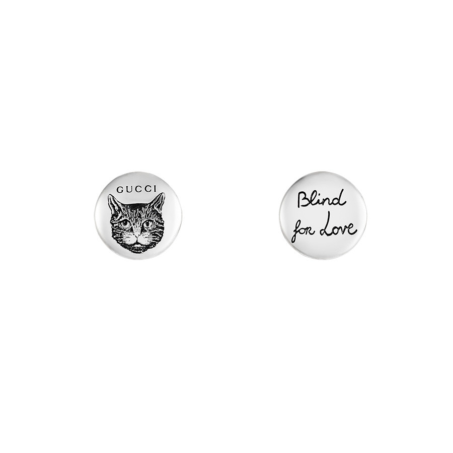 Gucci Silver Blind for Love Circle Cat Motif Stud Earrings
