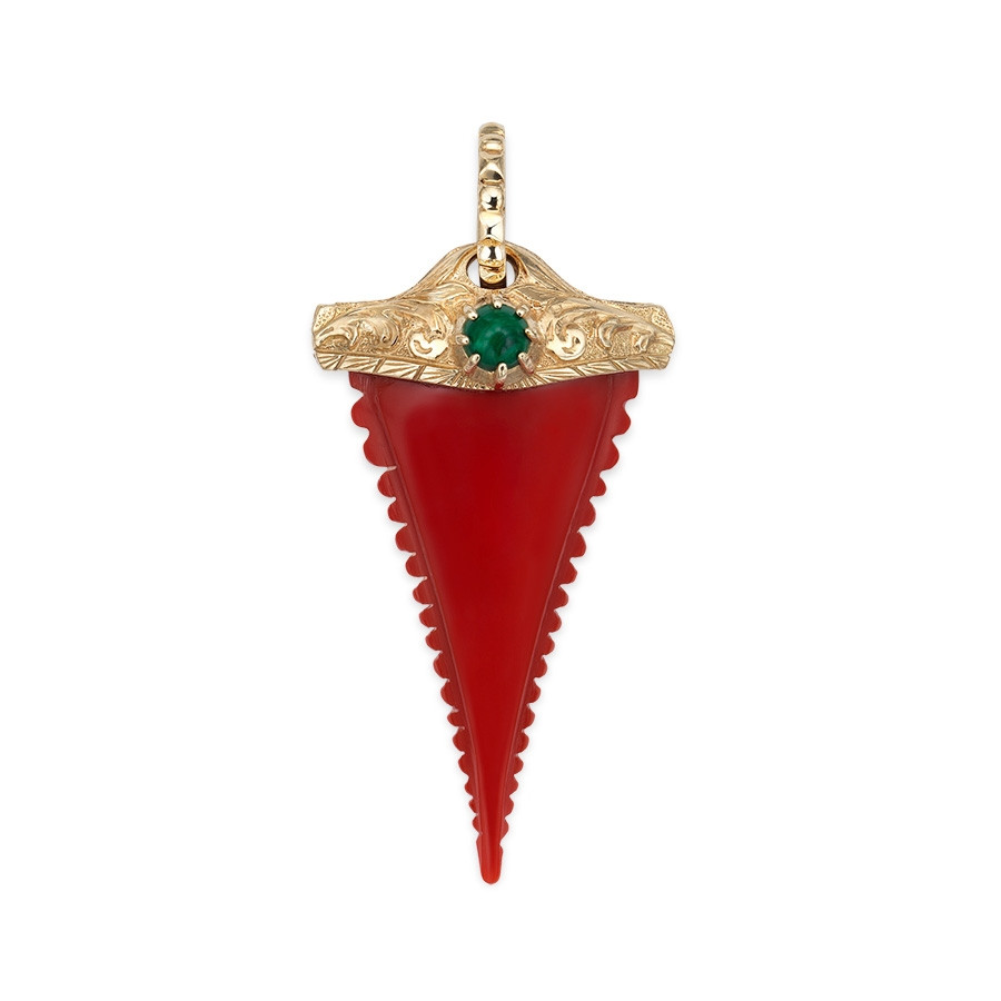Gucci 18K Yellow Gold Synthetic Red Coral and Malachite Shark Tooth Charm