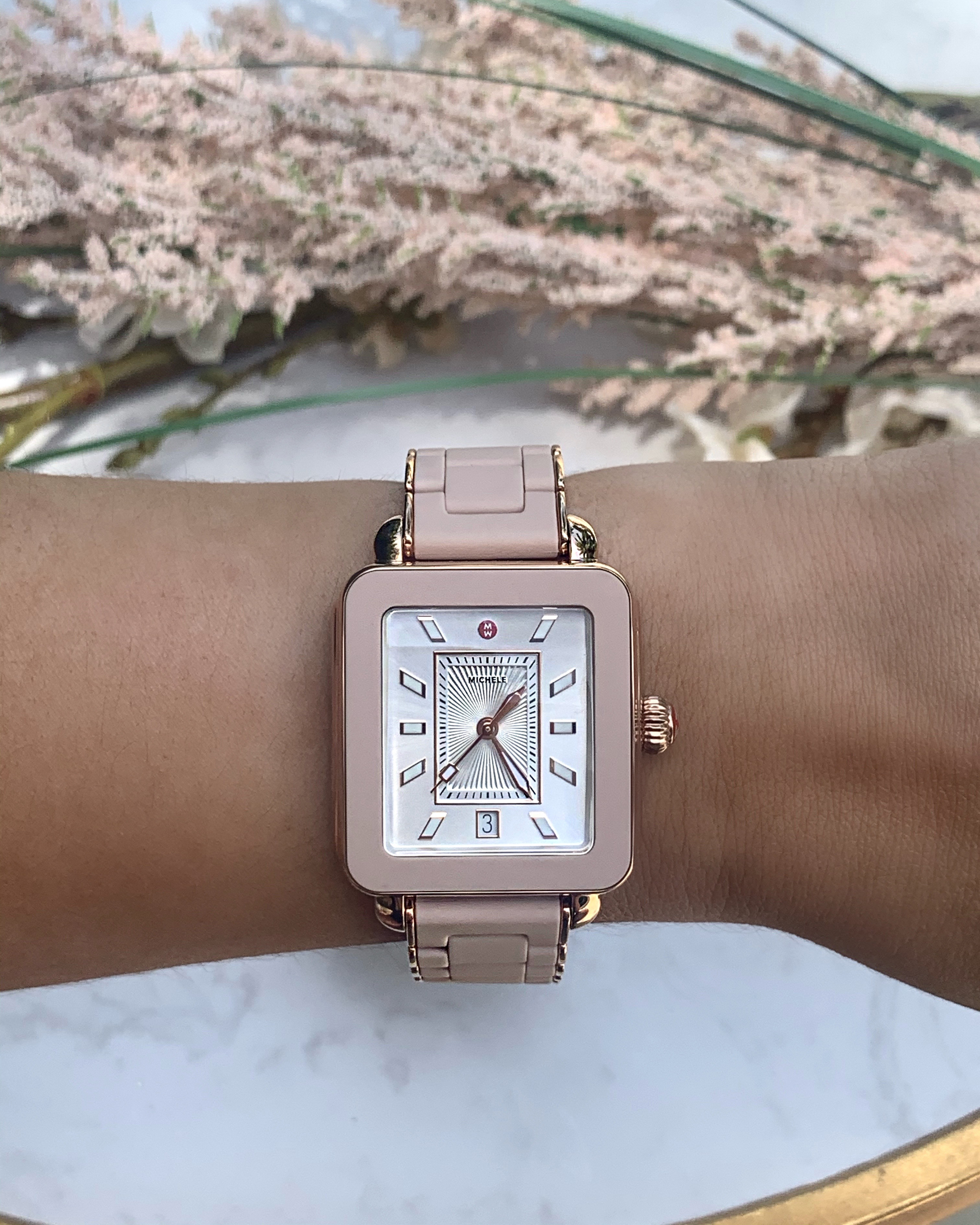 Michele Deco Sport Pink Gold Watch with Rose Rubber Link Strap