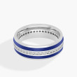 Double Blue Stripes with Single Diamond Row Wedding Band in 14K White Gold
